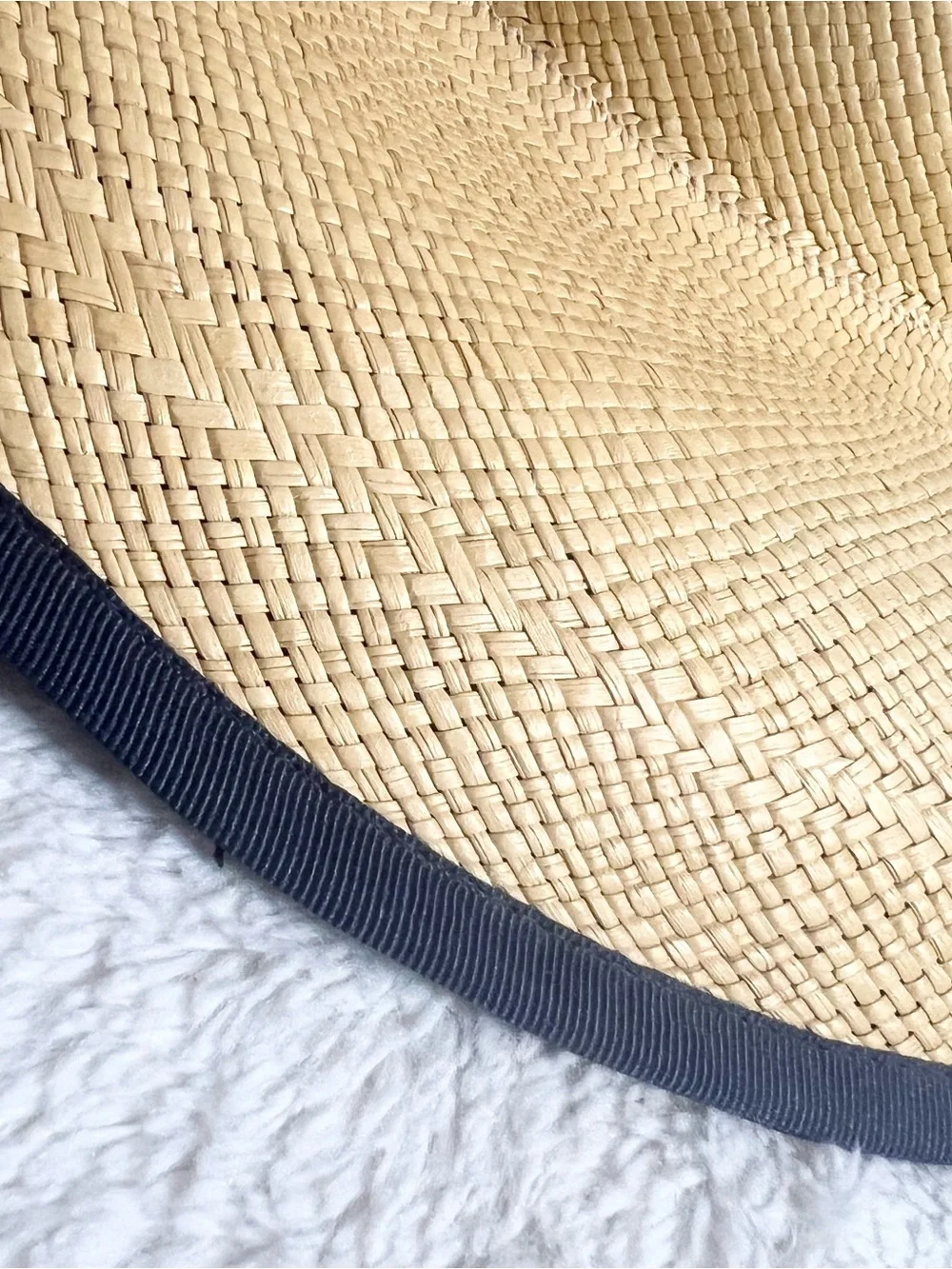 Vintage Charter Club Yellow Straw Sun Hat with Navy Blue Edge and Under Side
